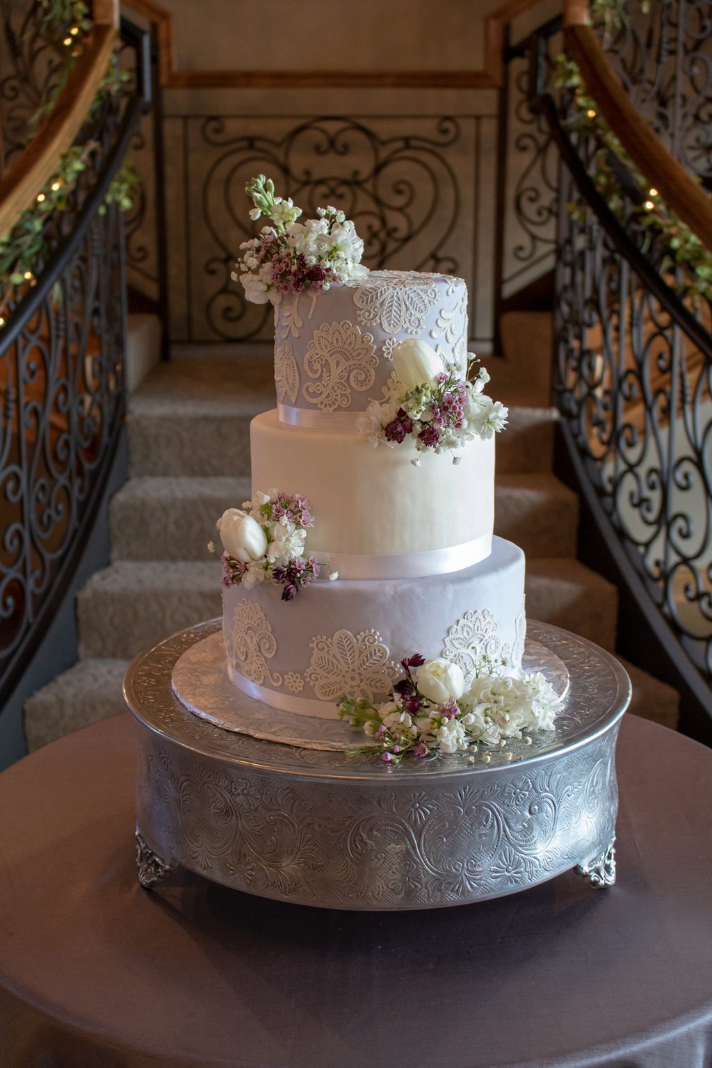 3 Tier Lavender Spring Wedding Cake with Edible Lace
