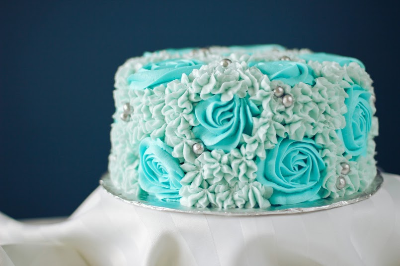 Sky Blue Colored “Shabby Chic” Buttercream Rose Bridal Shower Cake